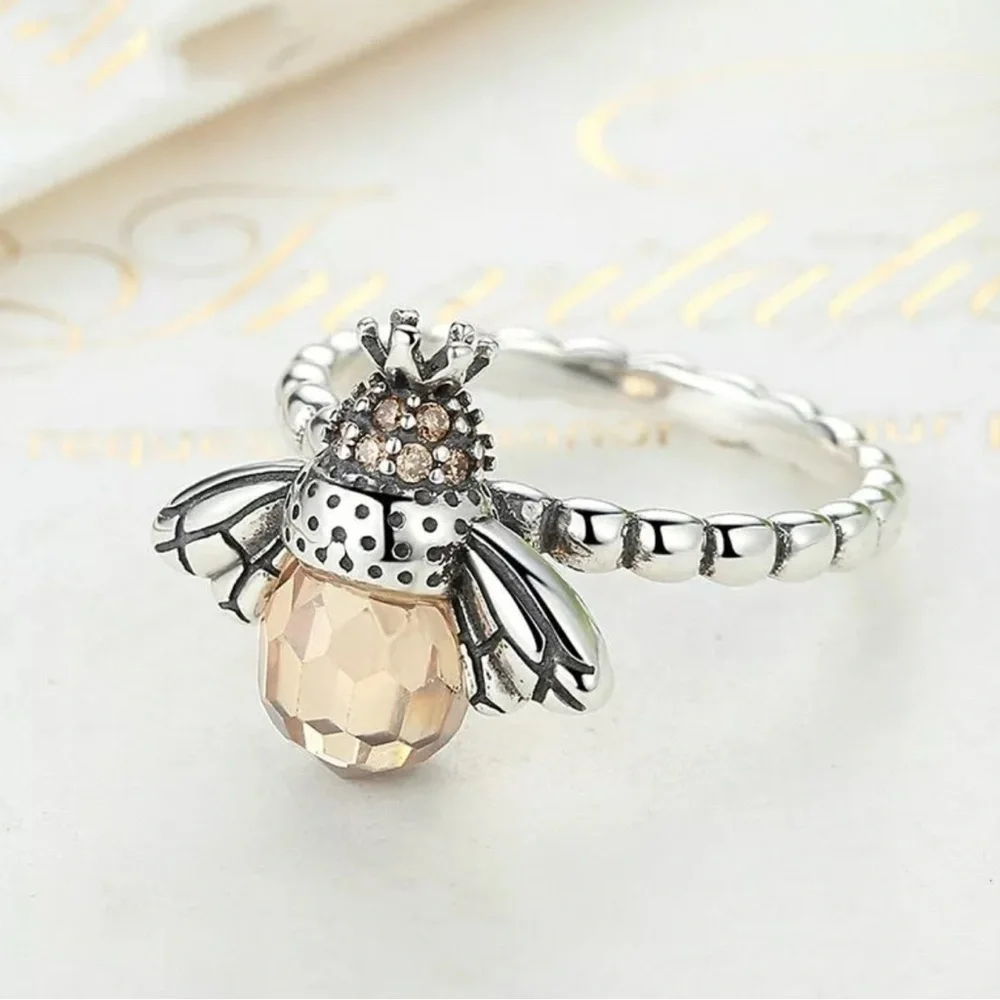 Elegant Silver and Amber Honey Bee Ring